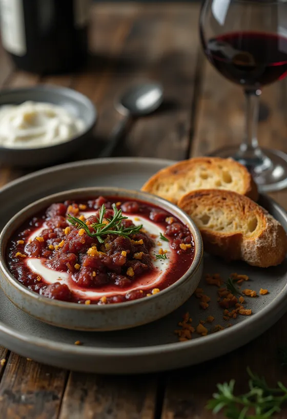 Bagna cauda med rödvin, vitlöksfylld fisksås, serverad med persilja