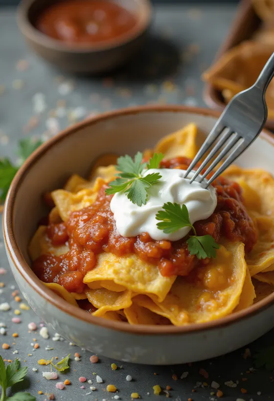 Chilaquiles con salsa de chipotle – med röd sås, krispiga tortillabitar, riven ost och gräddfil