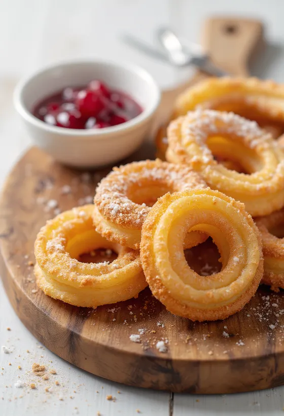 Churros med sylt, färska gyllenbruna churros serverade med fruktsylt