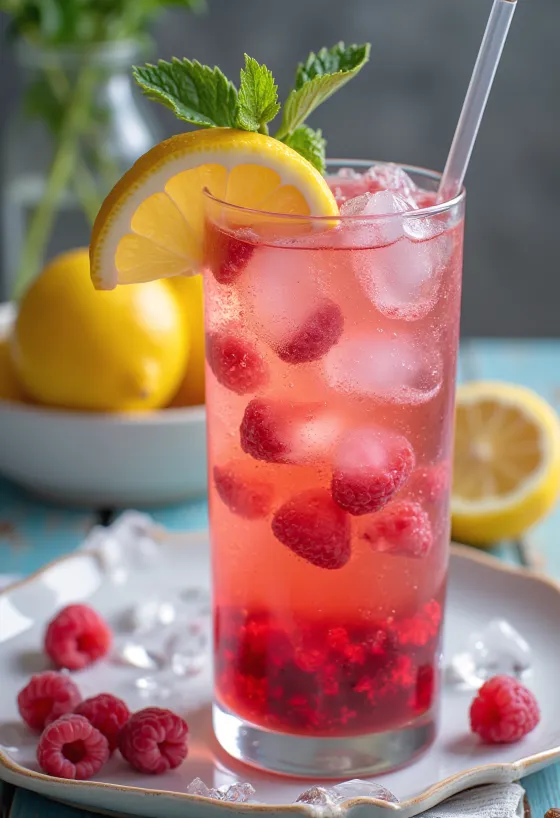 Kall hallonlimonad i glas med färska hallon