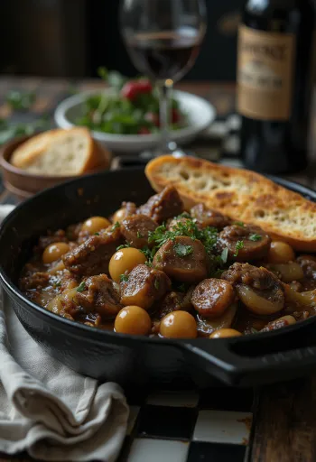 Boeuf Bourguignon, rödvingryta med biff serverad med ångkokta grönsaker