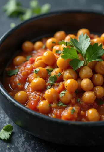 Matbucha med kikärtor, tomatgryta serverad med gröna kryddor