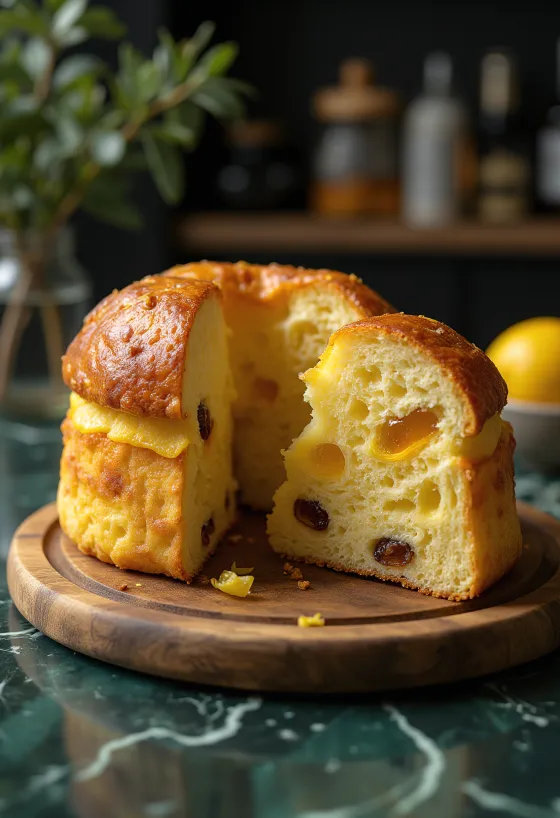 Gyllenbrun panettone med citron och russin, gräddad i pappersform