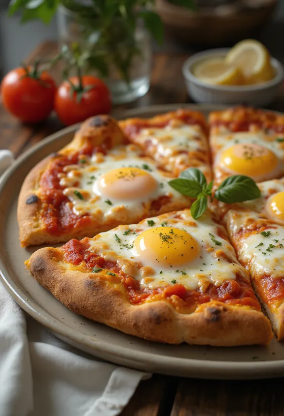 Pizza a Caballo med stekt ägg, tjock deg och mozzarella