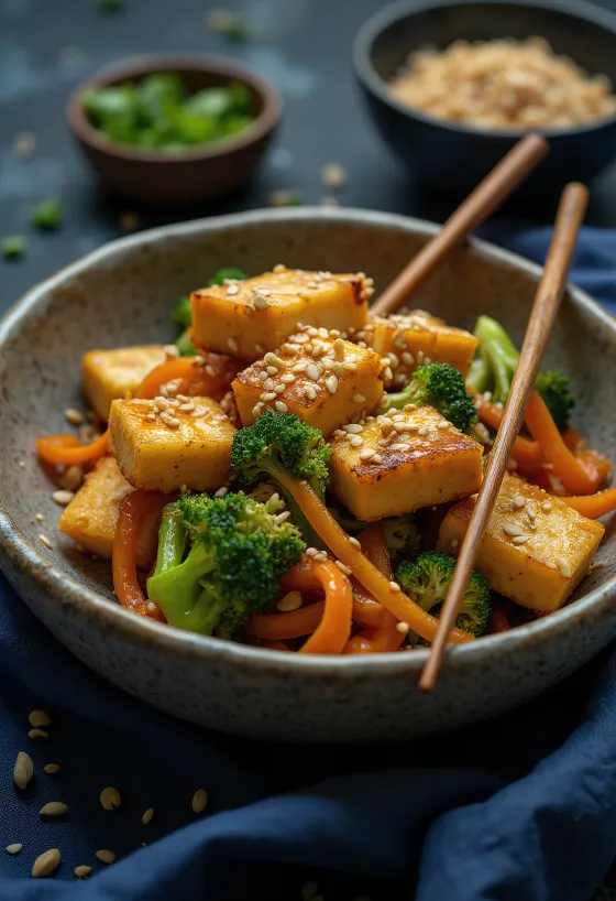 Skål med stekt tofu och grönsaker serverad