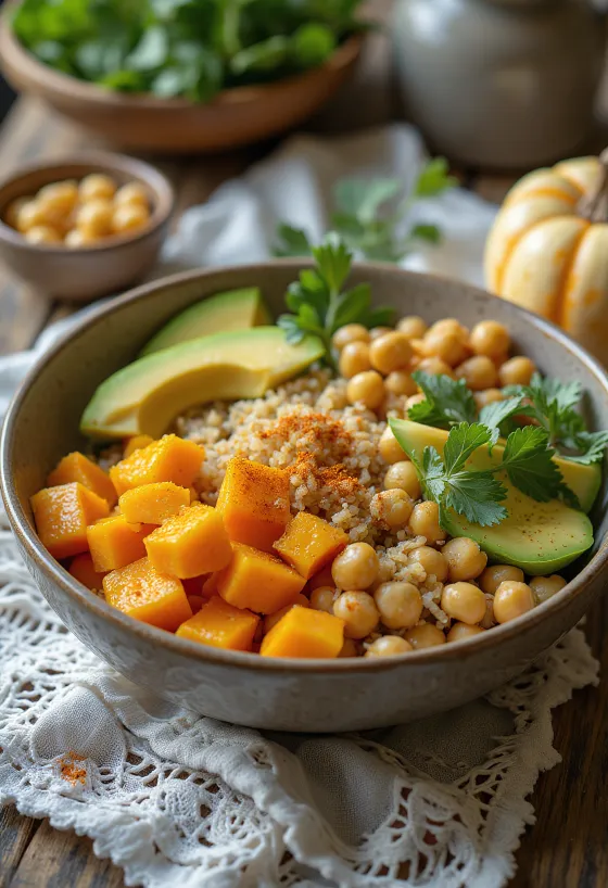 Buddhabowl med pumpa, färska grönsaker och quinoa