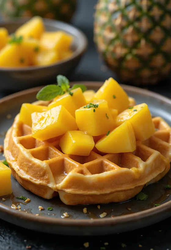 Tropisk fruktvåffla serverad med färsk mango och ananas