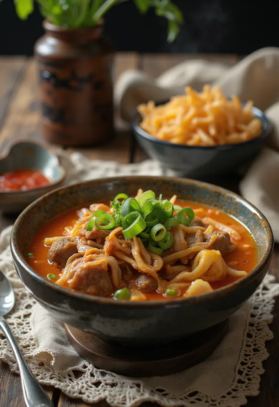 Yukgaejang med stekt ris, serverad med nötkött, chili och koriander