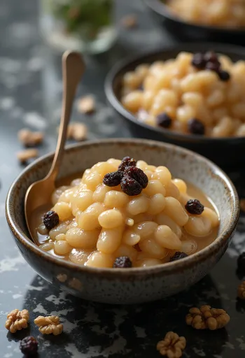 Aşure med russin serverad, rik mannagrynsdessert med russin och valnötter