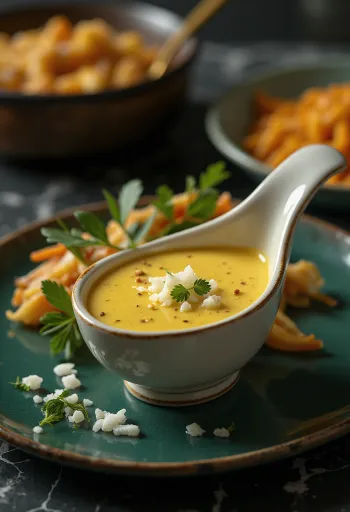 Krämig lök- och currysås serverad