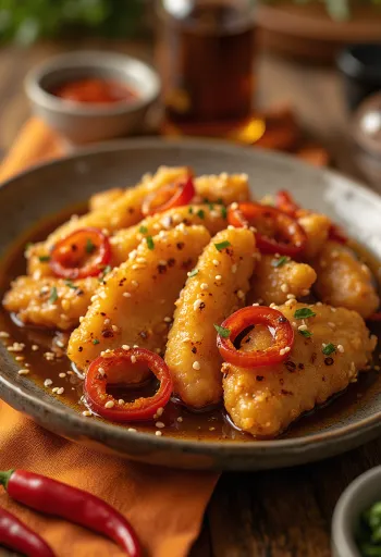 Vitlöks-Tangsuyuk med kyckling, serverad i tamarindsås och sesamfrön