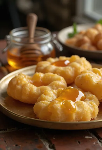 Uppblåsta gyllene luchi-bröd ringlade med honung