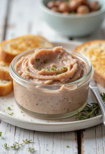 Krämig leverpastej bredd på färska brödskivor, garnerad med örter.