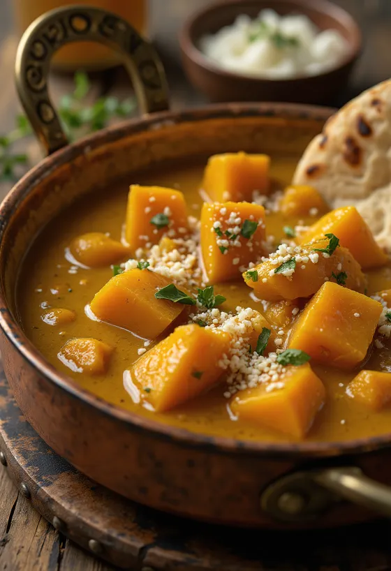 Krämig pumpacurry serverad med färsk koriander