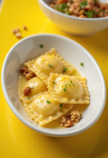 Basilika-, citron- och honungsravioli serverad på tallrik