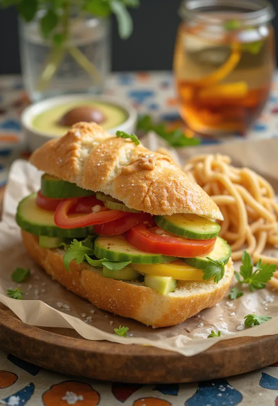 Bocadillo serverad med grönsaker, rostad baguette och färsk sallad