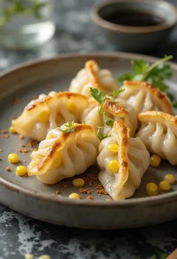 Majsgyoza med gyllenbrun botten serverad med sojasåsskål