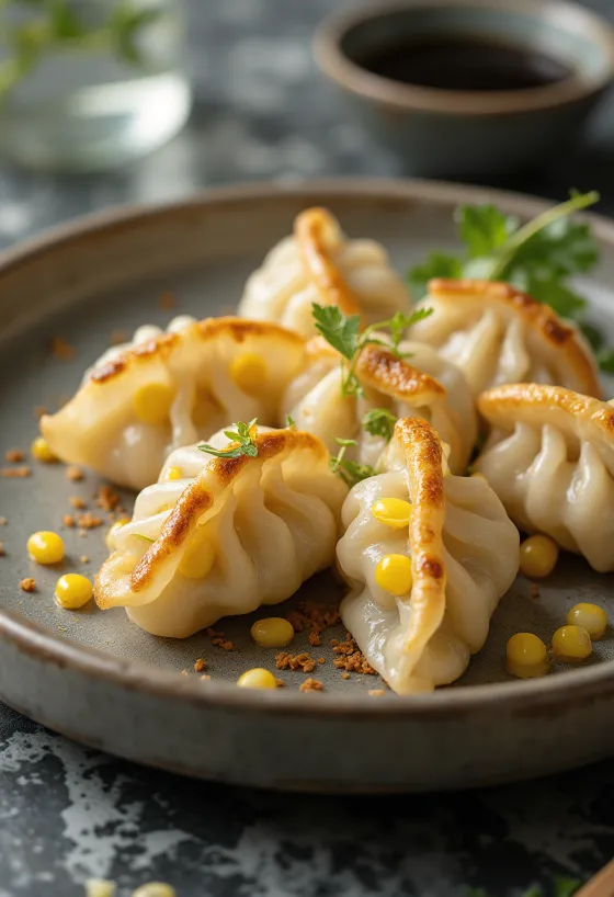 Majsgyoza med gyllenbrun botten serverad med sojasåsskål