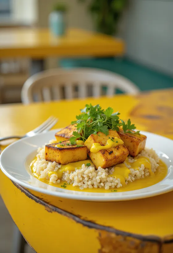 Grillad tofu quinoa curry med tahini serverad
