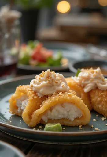 Inarizushi med tonfisk och majonnäs, en japansk rätt med fyllda tofufickor innehållande tonfisk och majonnäs