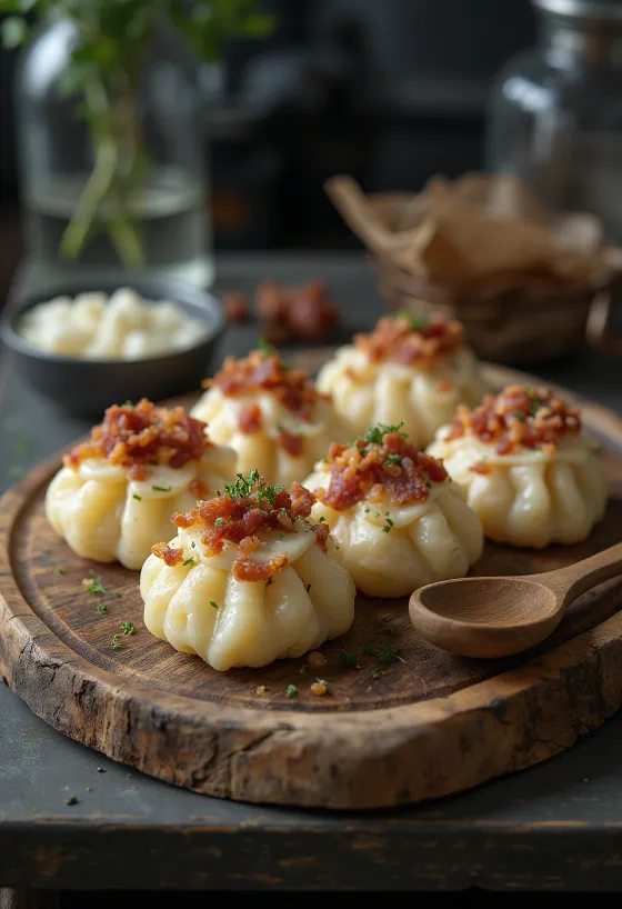 Sztrapacska med bryndza serverad med gräddfil och stekt fläsk.