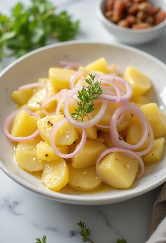 Färsk potatissallad med kokt potatis, serverad med rödlök och färsk persilja.