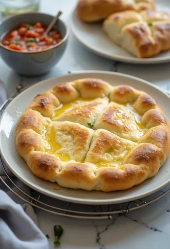 Färsk lepinja ringlad med olivolja, serverad varm.