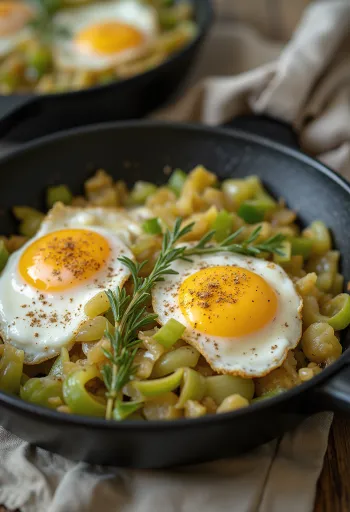 Prebiotisk purjolöks- och äggrätt med gräddfil, dekorerad med färsk persilja