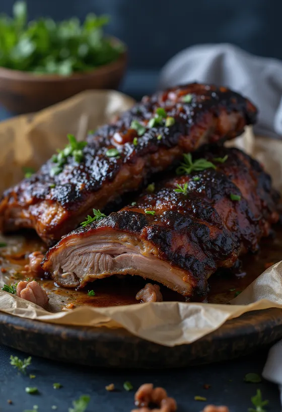Rökta buffelrevbensspjäll serverade på ett rustikt fat med barbecuesås.