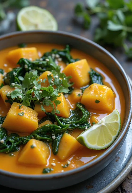 Pumpacurry med spenat serverad