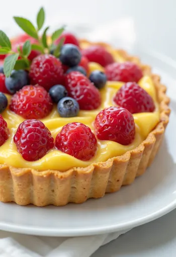 Crostata med vaniljkräm och färska frukter, rustik servering