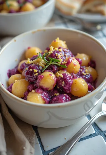 Gnocchi med svarta vinbär och mascarpone serverad