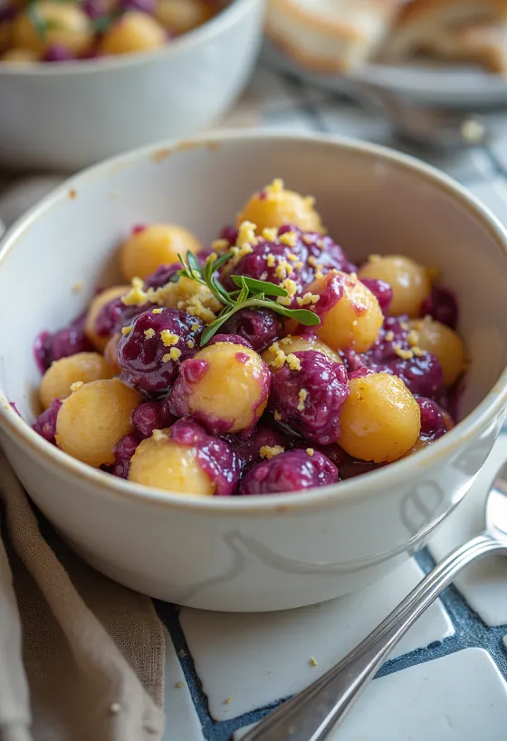 Gnocchi med svarta vinbär och mascarpone serverad
