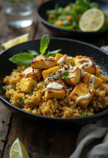 Wokad tofu och quinoa med curry-tahini serverad