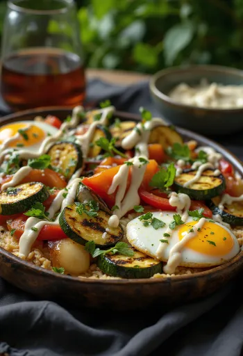 Grillade grönsaker med tahinidressing, garnerade med persilja