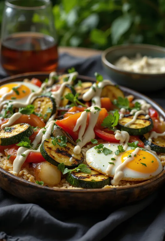 Grillade grönsaker med tahinidressing, garnerade med persilja