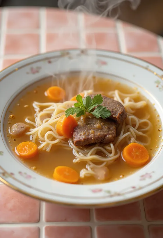 Köttsoppa serverad med färska grönsaker och pasta