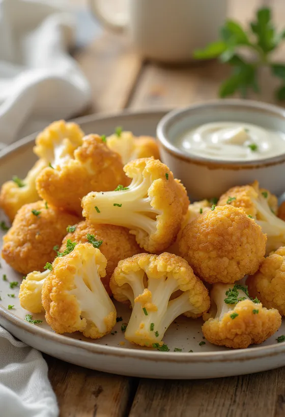 Panerad blomkål stekt gyllenbrun, serverad i krispig panering