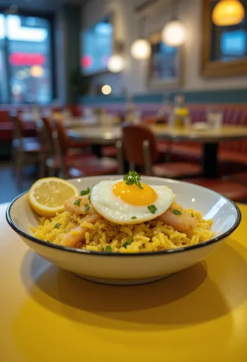 Kedgeree med rökt kolja serverad i en skål med ägg och persilja.