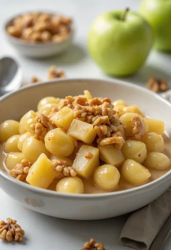 Gnocchi med gröna äpplen och karamelliserade valnötter serverad