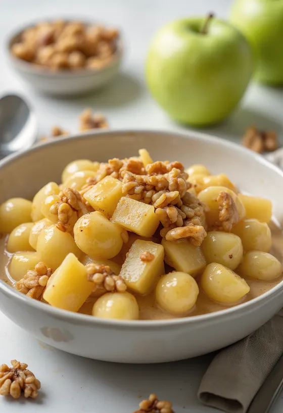Gnocchi med gröna äpplen och karamelliserade valnötter serverad