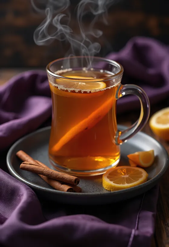 Hot Toddy-dryck dekorerad med kanelstång och citronskiva