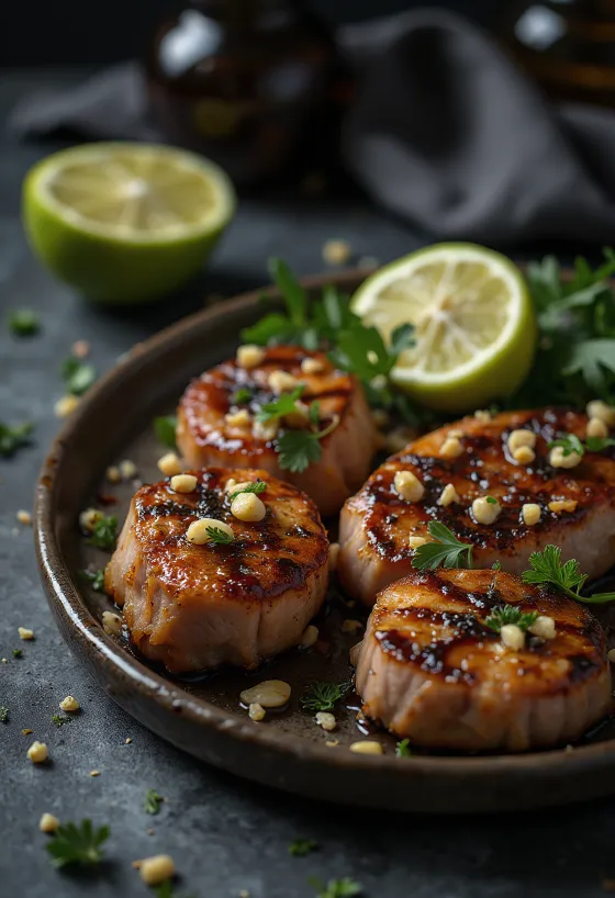 Jerk-fläskkött serverat, garnerad med färsk koriander