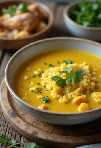 Mulligatawnysoppa med kyckling serverad