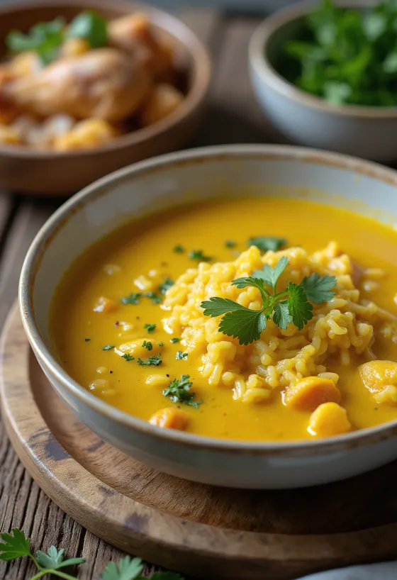 Mulligatawnysoppa med kyckling serverad
