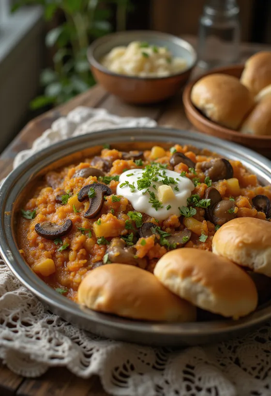 Pav Bhaji med svamp, serverad färsk i skål med fralla
