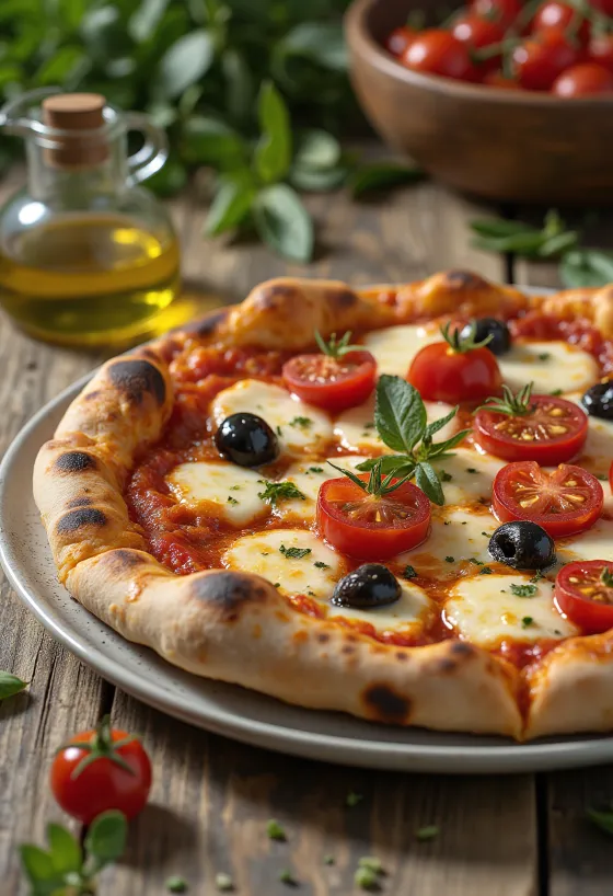 Pizza alla Barese med tomat och svarta oliver