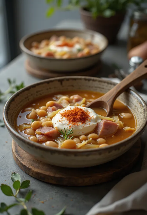 Surkålsbönsoppa serverad med rökt kött och färska örter