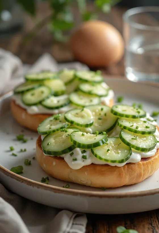Bagel med gurka och färskost, garnerad med färsk dill