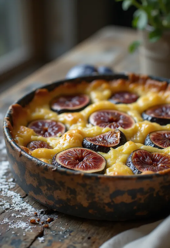 Färsk, gyllenbrun Clafoutis med fikon, serverad